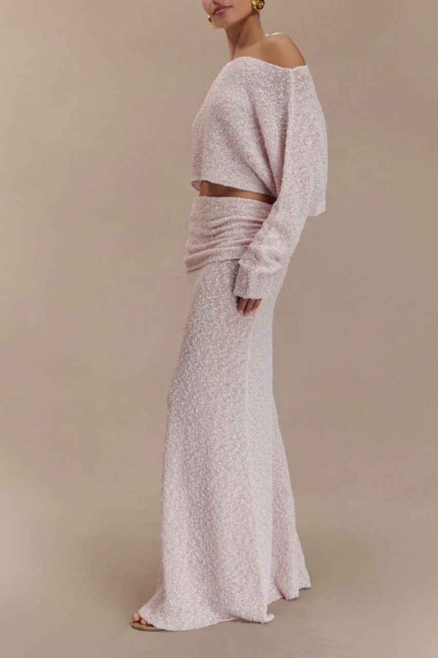 Ribbed Knit Off Shoulder Maxi Skirt Set