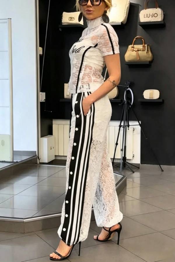 Khloe Lace Striped Patchwork High Neck Zip-Up Top and Elastic Waist Pocket Side Button Pants Set