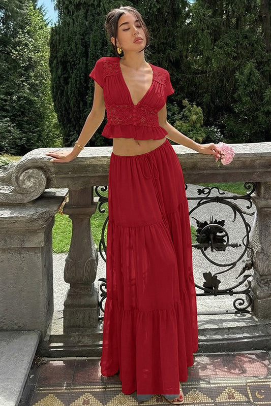 Sexy Sheer Lace Chiffon Tie Top Maxi Skirt Set