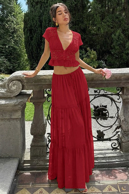 Sexy Sheer Lace Chiffon Tie Top Maxi Skirt Set