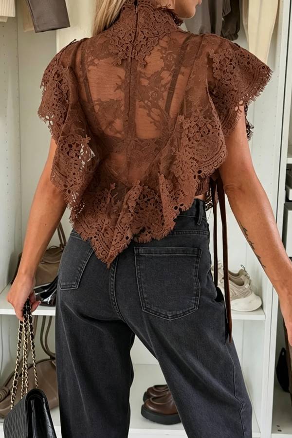 Court Style Stretch Lace High Neck Ruffle Sleeve Side Satin Tie-up Top
