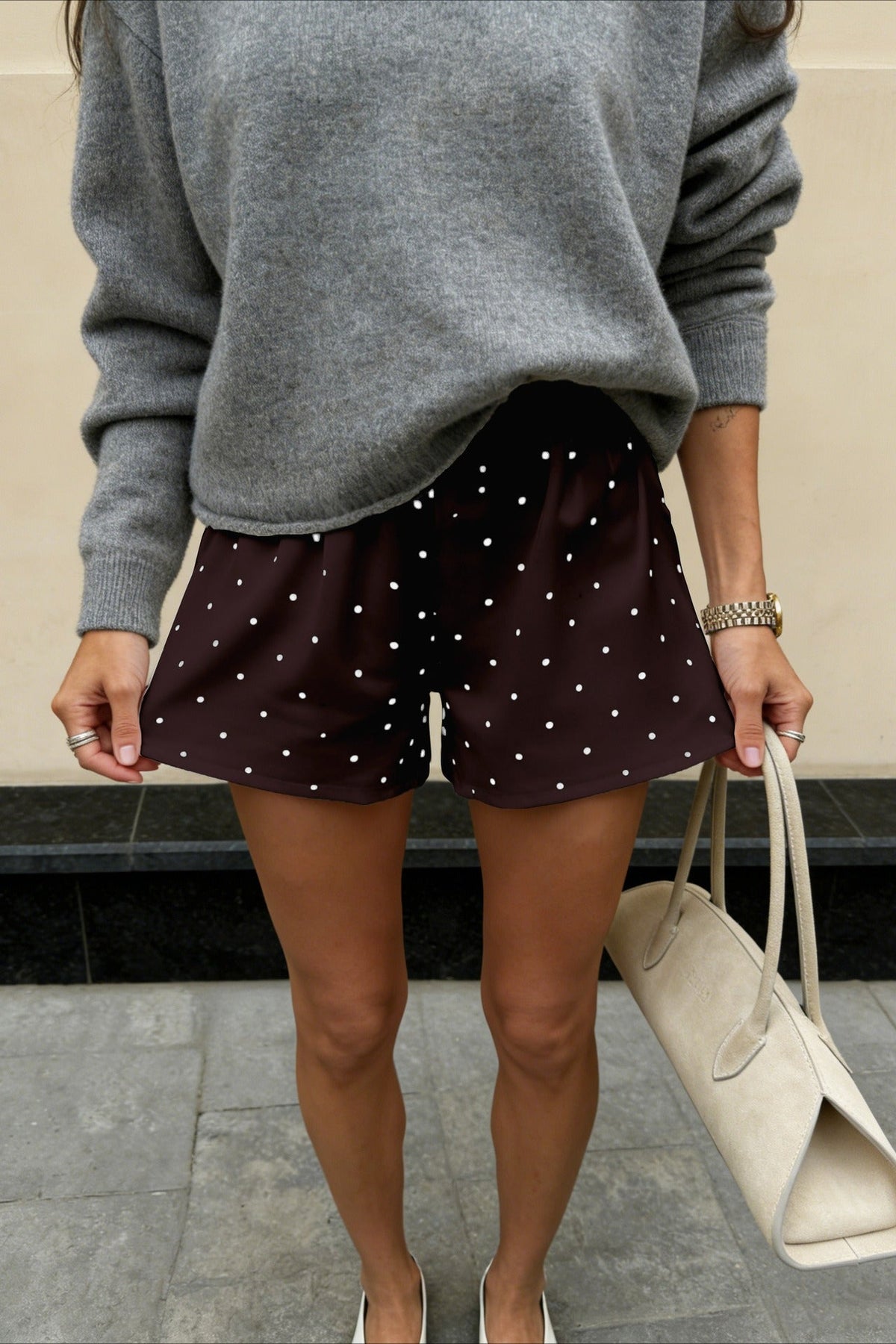 White Polka Dot Satin High Waist A Line Shorts