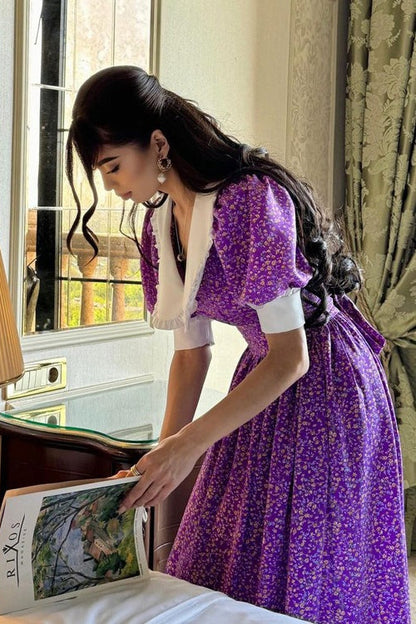 Doll Collar Short Sleeve Tie Waist Maxi Floral Dress