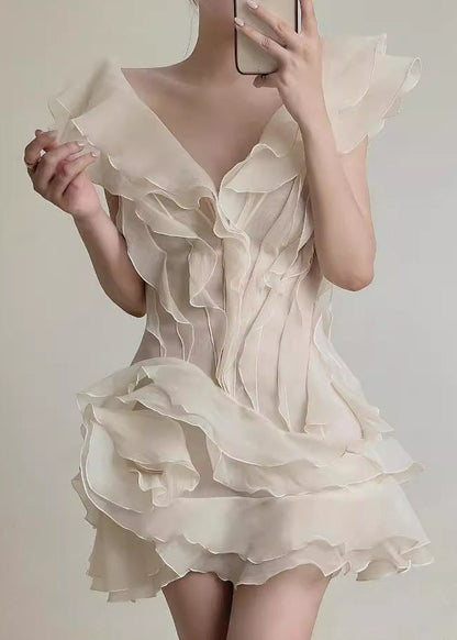 Organza Tiered Ruffle Lettuce Edge V Neck Mini Dress