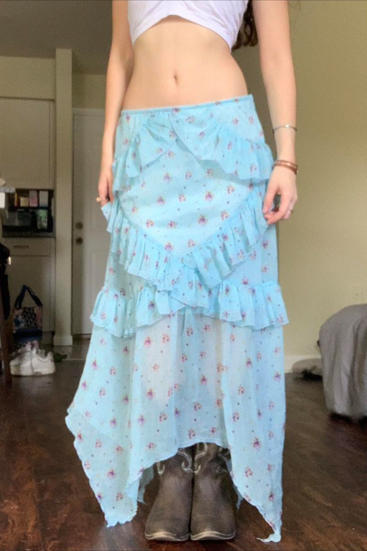 Floral Ruffle Asymmetric Sheer Mesh Vacation Maxi Skirt