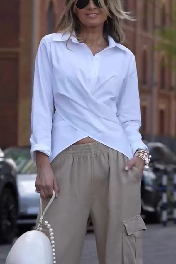 Unique Street Button Up Long Sleeve Slit and Tie-up Hem Blouse