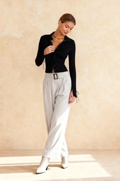 Long Sleeve Casual Turn-Down Collar Button-Down Knit Top
