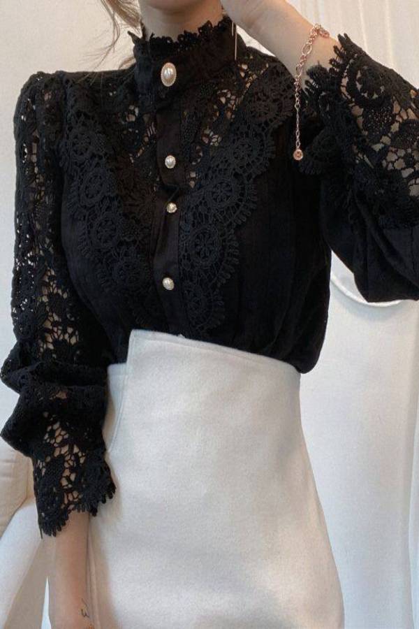 French Stand Collar Hollow Lace Puff Sleeve Blouse