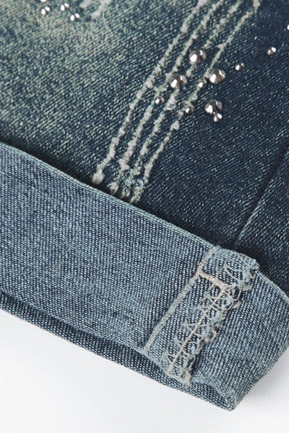 Rhinestone Distressed Denim Mini Shorts