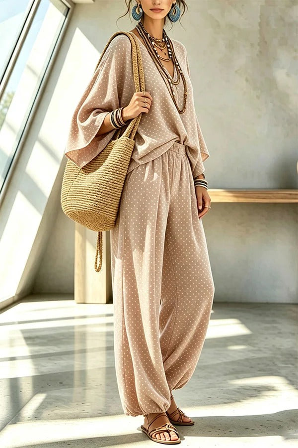 Retro Style Polka Dot Print Batwing Sleeve Top and Elastic Waist Loose Jogger Pants Set