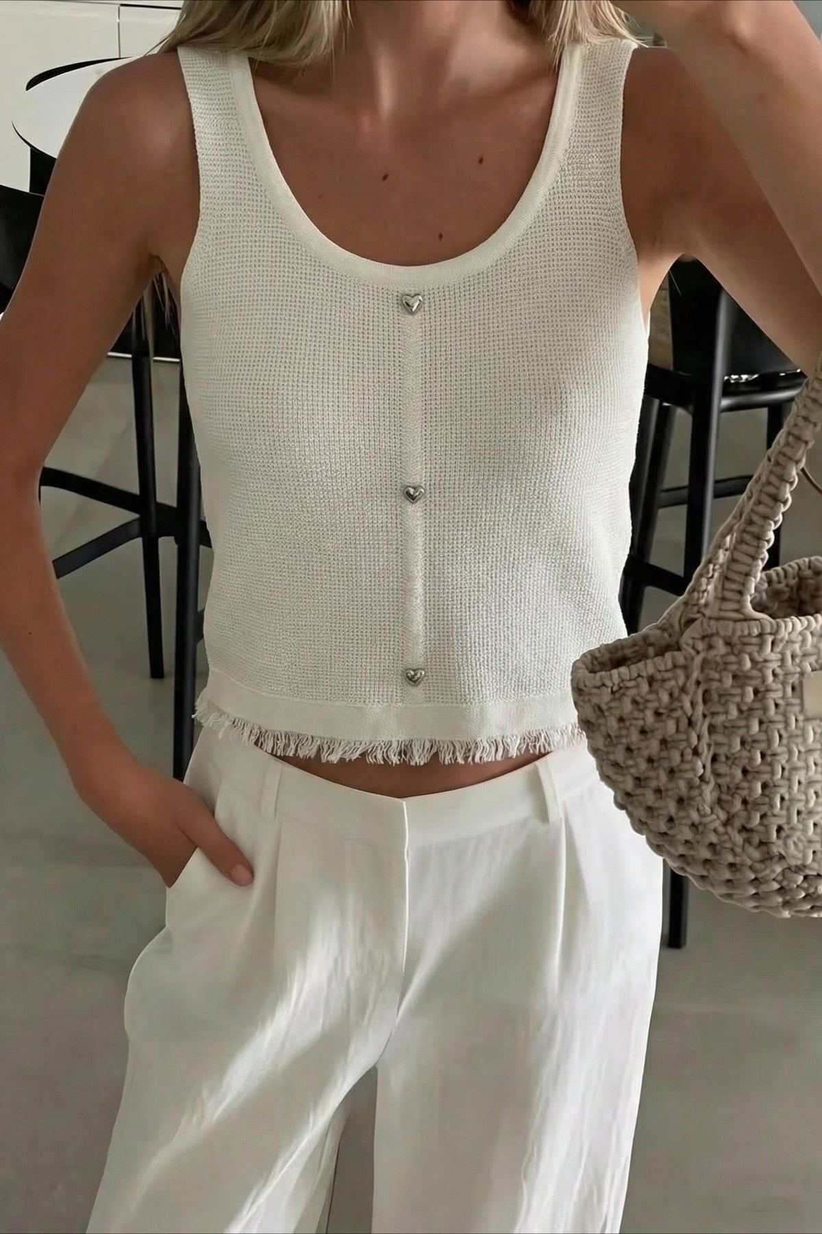 White Waffle Knit Raw Edge Cropped Tank Top