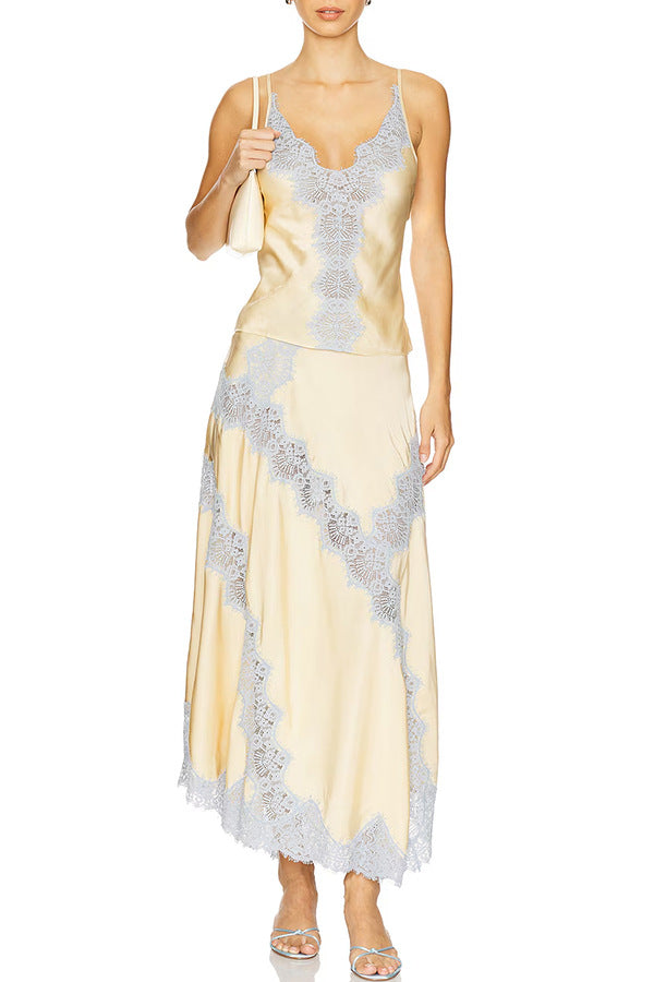 Light gold satin V-neck camisole with blue lace trim + matching skirt set