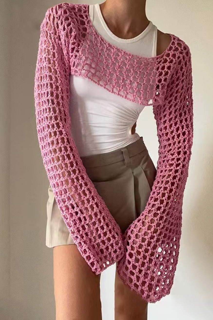 Solid Cutout Sheer Cropped Long Sleeve Crop Top