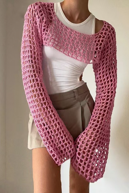 Solid Cutout Sheer Cropped Long Sleeve Crop Top