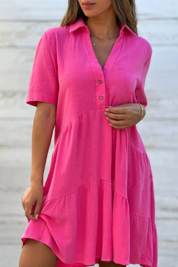 Linen-Blend Shirt Collar Half-Placket Tiered Dress