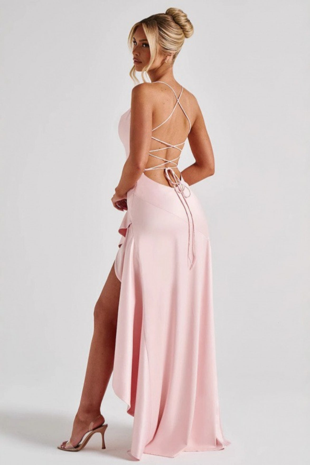 Spaghetti Strap Backless Ruffle Prom Dress