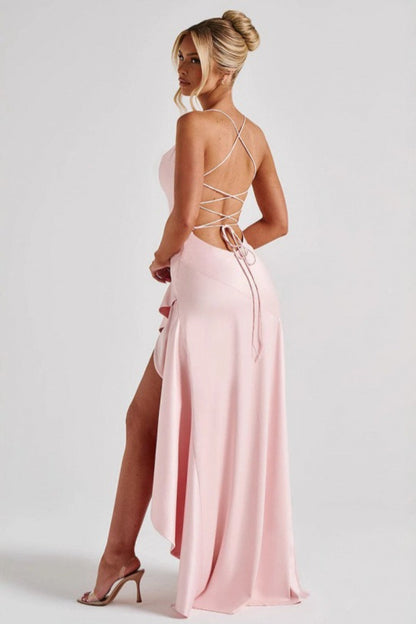 Spaghetti Strap Backless Ruffle Prom Dress