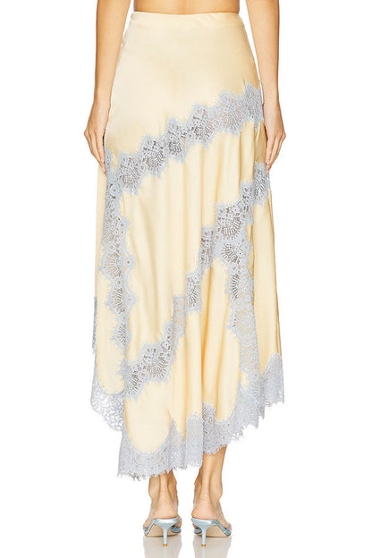 Light gold satin V-neck camisole with blue lace trim + matching skirt set