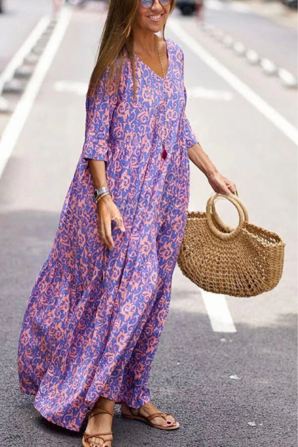 Fashion Pattern Printed Half Sleeve Loose Swing Maxi Dresse