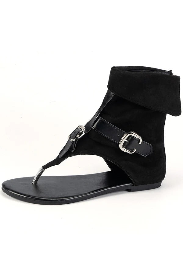 High-top Flat Denim Thong Sandals with Buckle Straps.