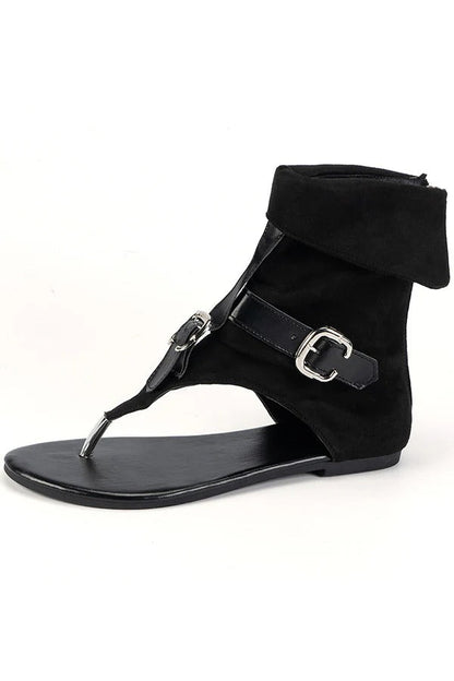 High-top Flat Denim Thong Sandals with Buckle Straps.