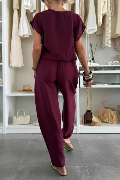 Leva Linen Blend Drawstring Short Sleeve Top and Elastic Waist Pocket Loose Tapered Pants