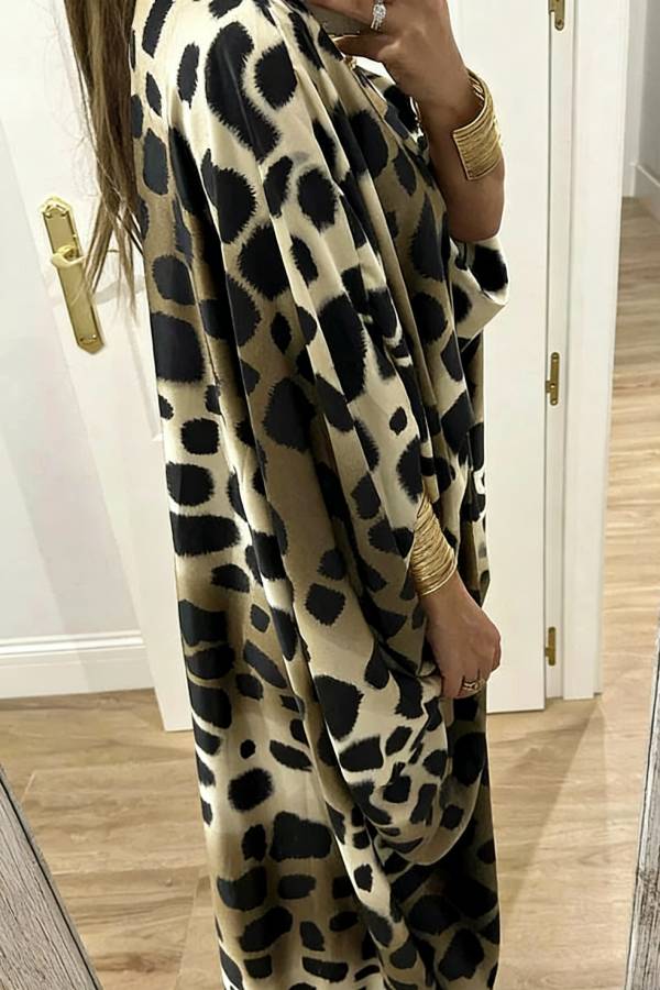 Airy Satin Unique Print V-neck Gemstone Embellished Drape Robe Maxi Dress