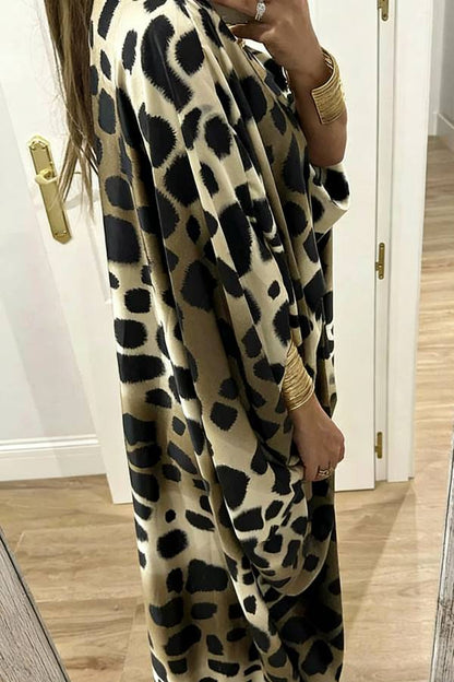 Airy Satin Unique Print V-neck Gemstone Embellished Drape Robe Maxi Dress