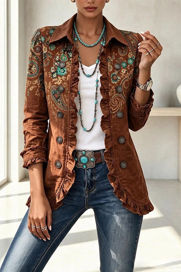 Stylish and Unique Printed Ruffle Trim Button-down Long Sleeve Jacket