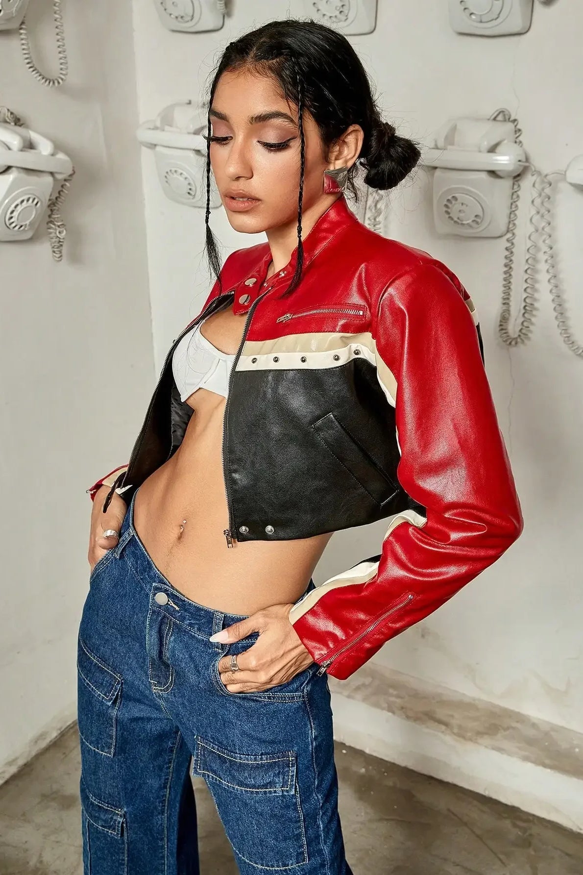 Studded Colorblock PU Moto Jacket