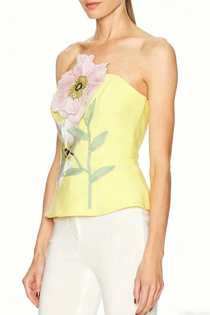 Create Beauty Flower Appliques Off Shoulder Tailored Waist Tank Top