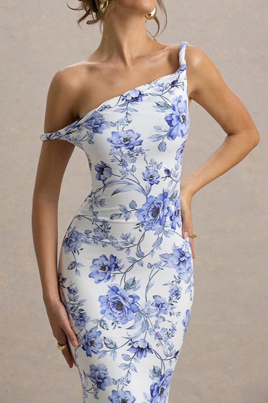 One Shoulder Twist Front Slim Long Floral Dress