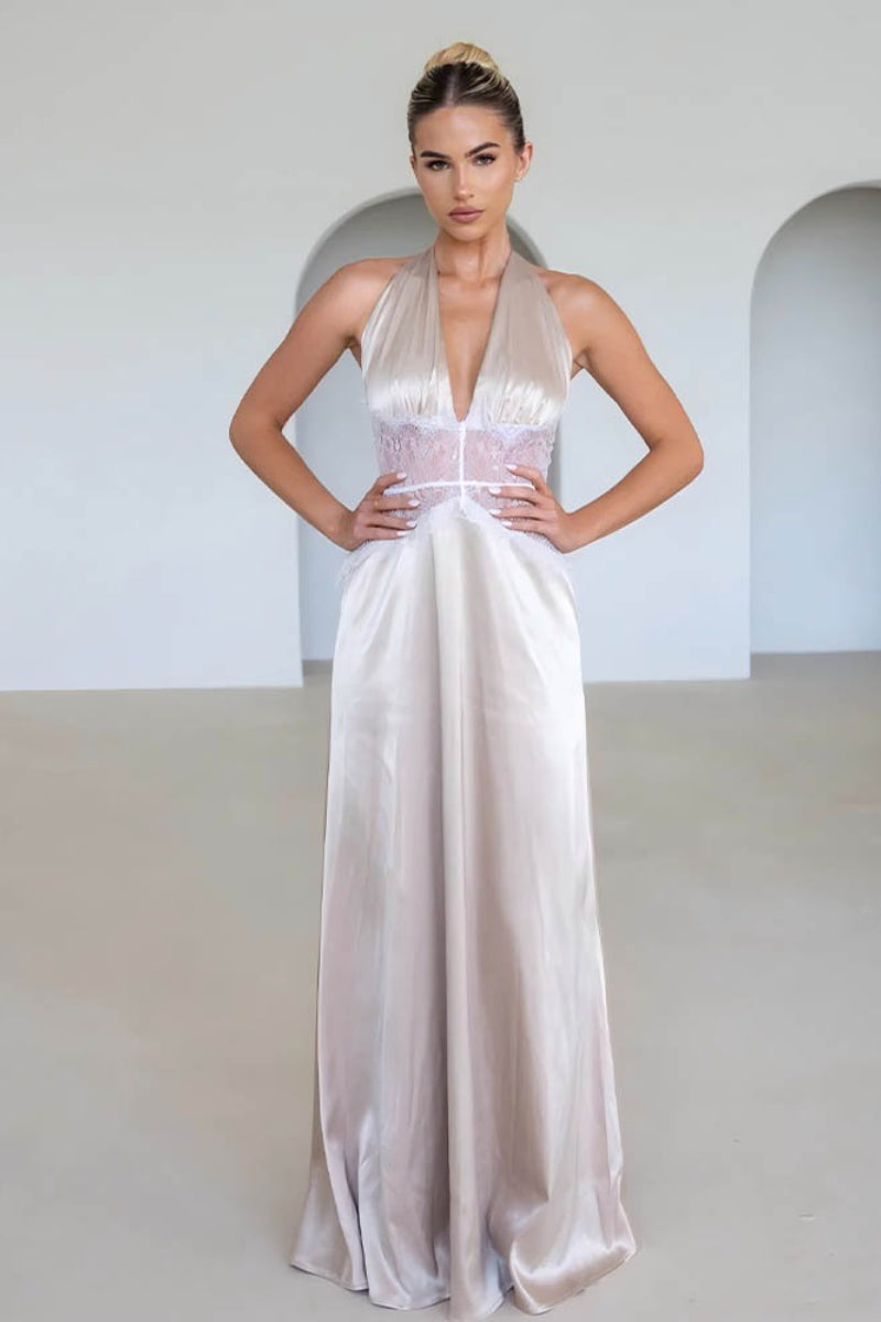 Deep V Halter Satin Slip Prom Dress