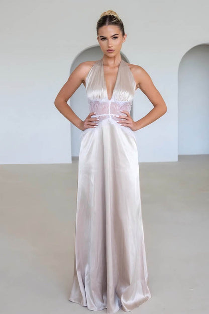 Deep V Halter Satin Slip Prom Dress