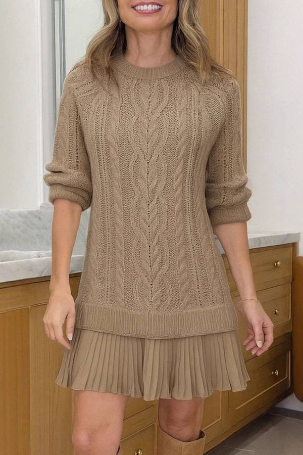 Cable Knit Pleated Chiffon Hem Two Piece Look Sweater Dress
