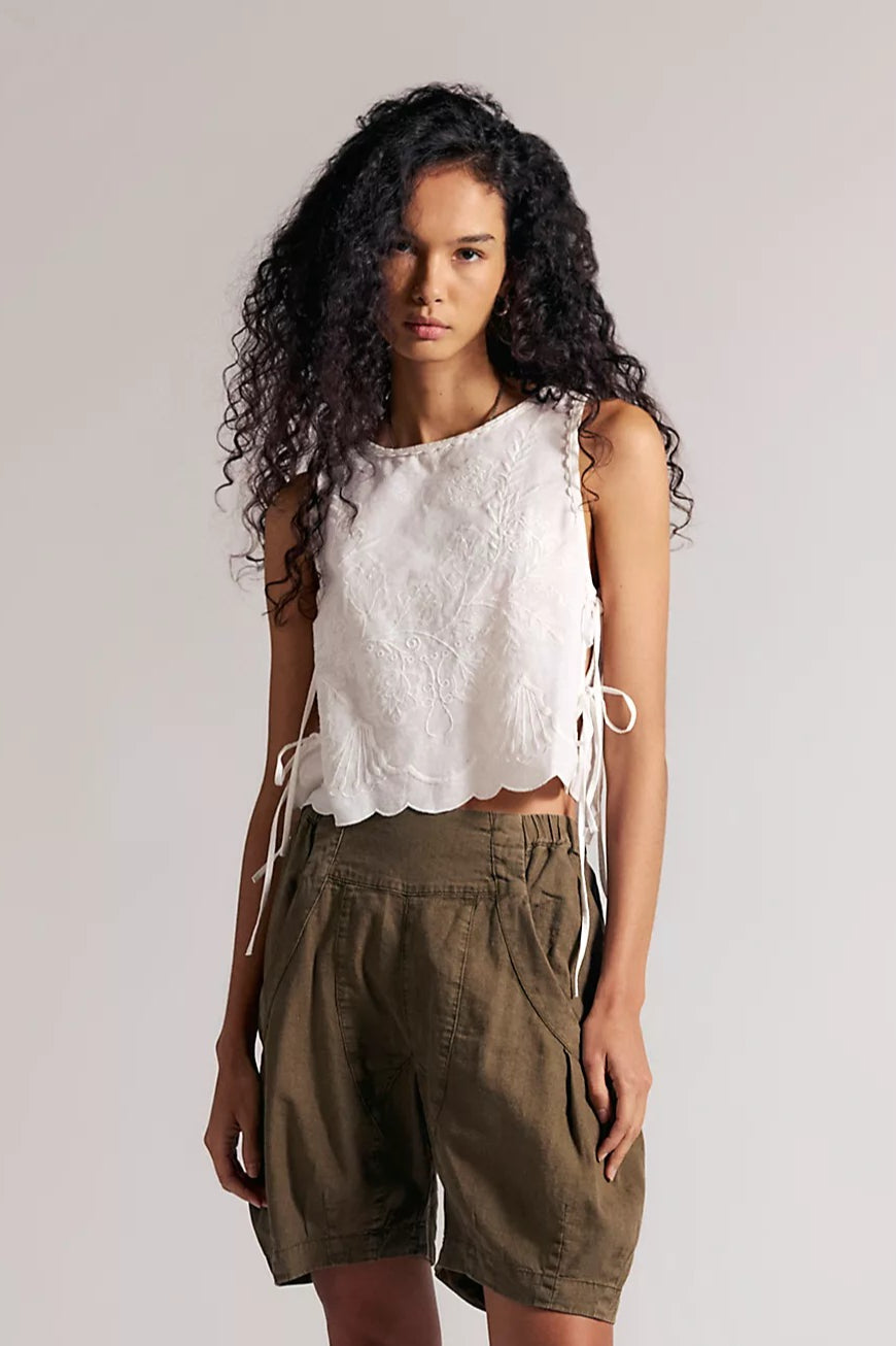Solid Crew Neck Embroidered Crop Tank Top
