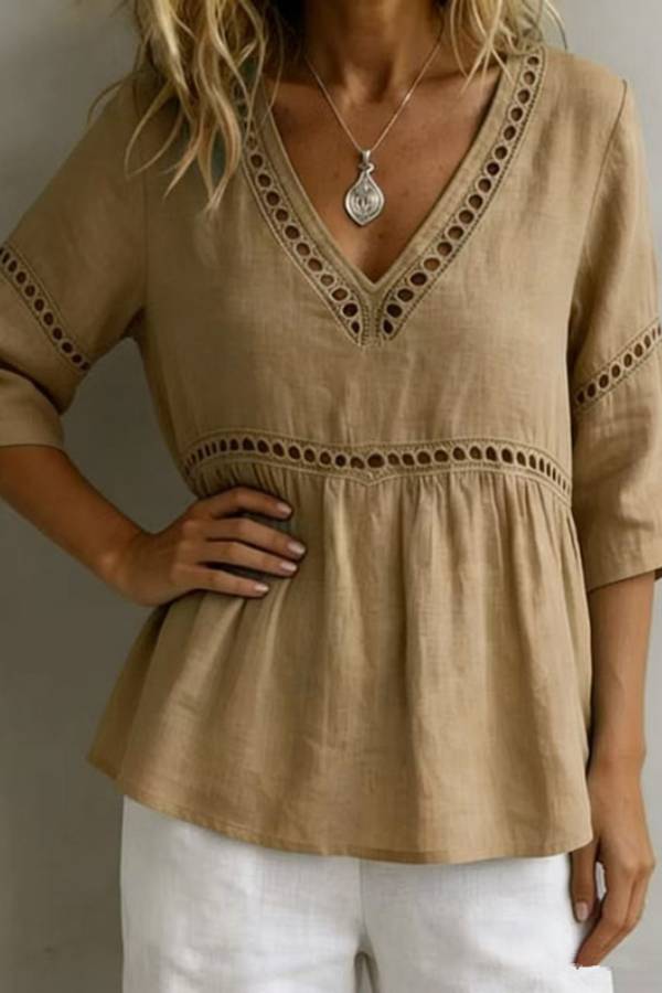 Boho Eyelet Embroidery V‑Neck Babydoll Blouse