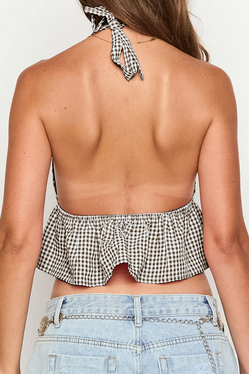 Deep V Halter Backless Checkered Halter Top