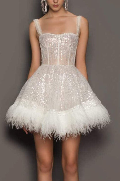 Feather Sequin Tube Top Spaghetti Strap Sequin Dress