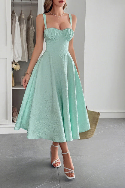 Jacquard Floral Bustier Lace Trim Pointed Waist Fit and Flare Midi Dress