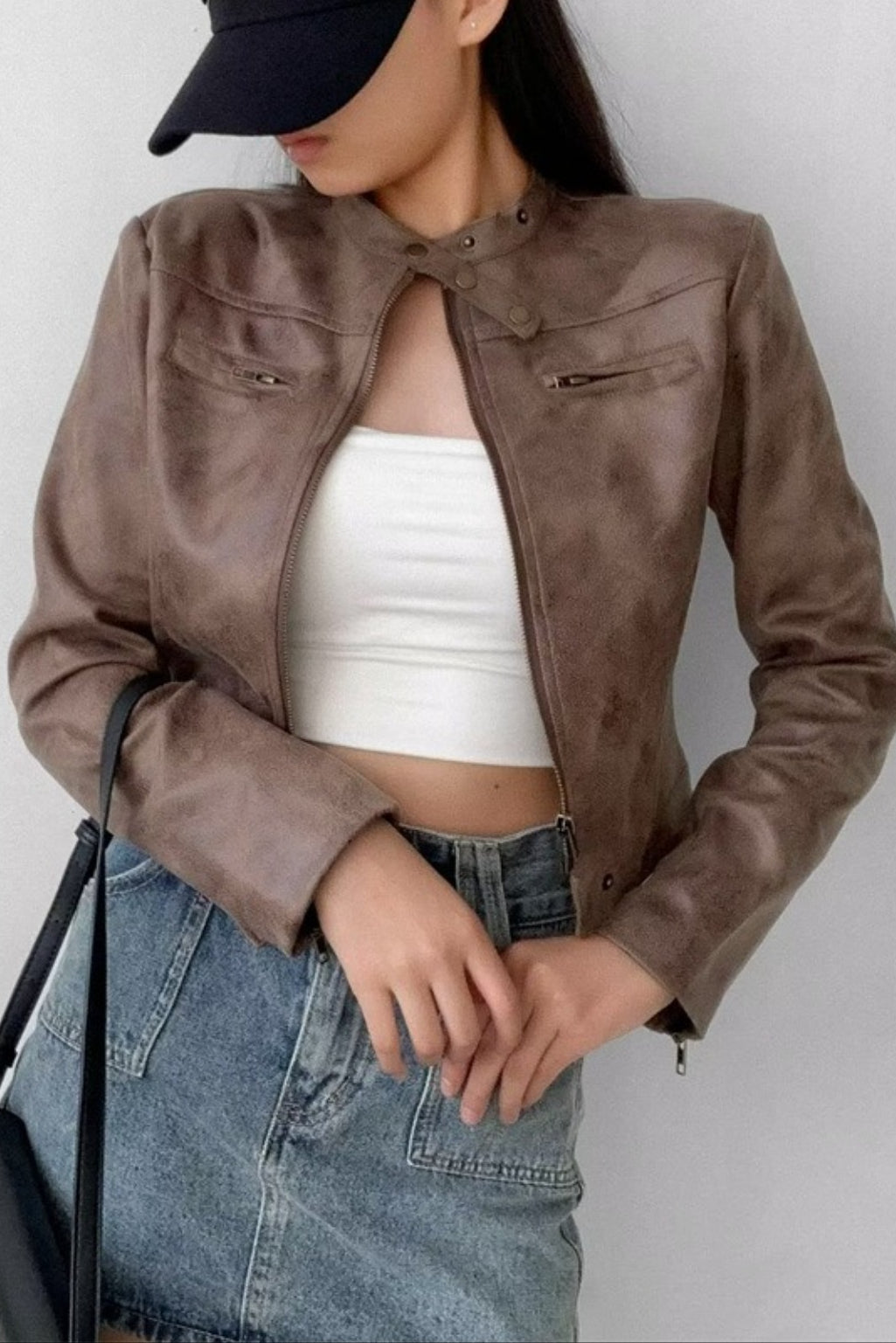Refined Stand Collar Cropped Moto Jacket
