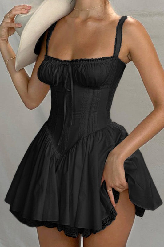 Spaghetti Strap Lace Trim Ballet A Line Sleeveless Mini Dress