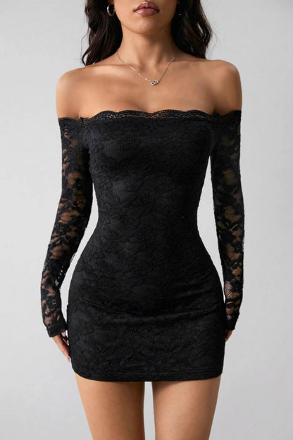 Lace Off Shoulder Long Sleeve Scalloped Trim Bodycon Mini Dress