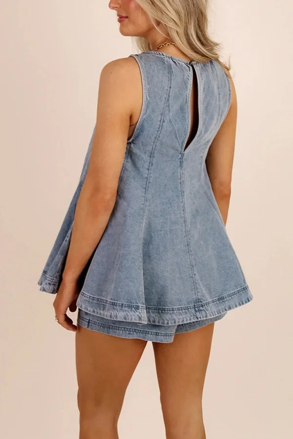 Adventure Awaits Denim Vertical Seam Sleeveless Flare Hem Top and Elastic Waist Pocket Shorts Set