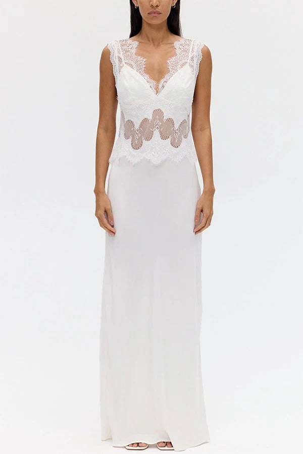 Effortless Elegance Satin Sheer Lace Patchwork V-neck Drape Maxi Dress