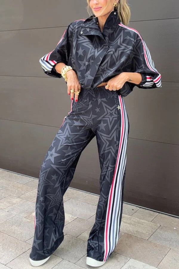 Rylee Colorblock Striped Star Print High Rise Elastic Waist Wide Leg Pants