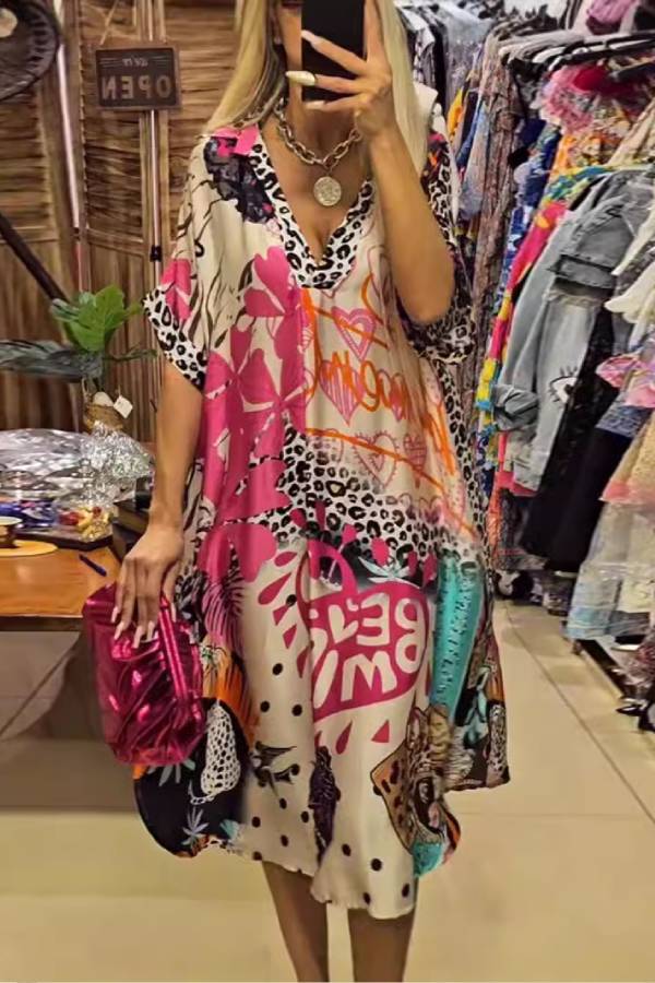 Graffiti Print Leopard Trim V-Neck Loose Dress
