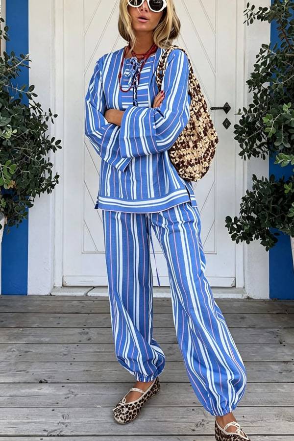Althea Striped Print Lace-up Neck Long Sleeve Top and Elastic Waist Pocket Lantern Pants Set