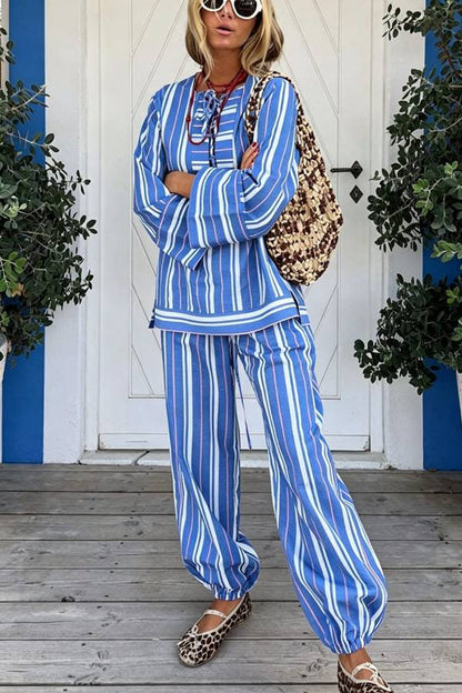 Althea Striped Print Lace-up Neck Long Sleeve Top and Elastic Waist Pocket Lantern Pants Set