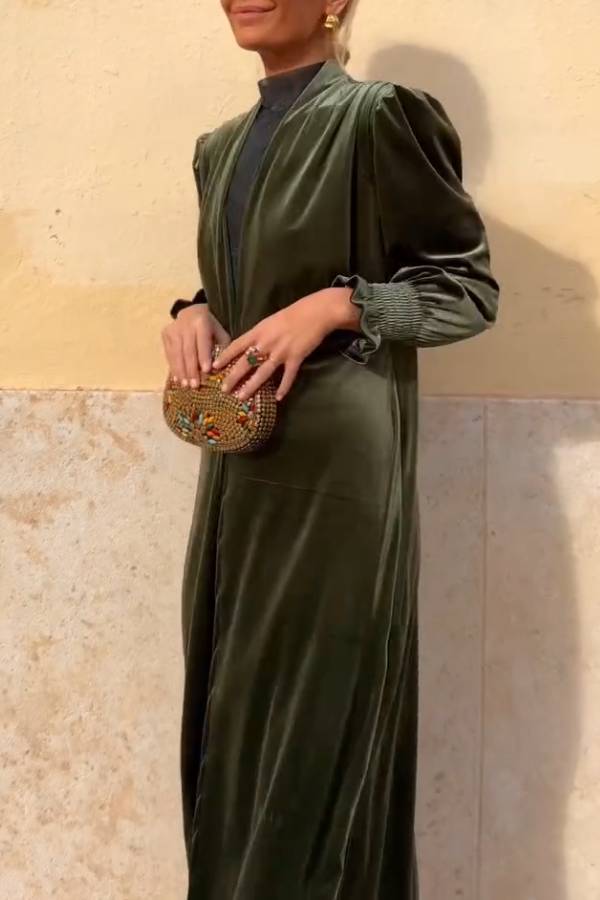 Velvet Puff-Sleeve Stand-Collar Long Coat